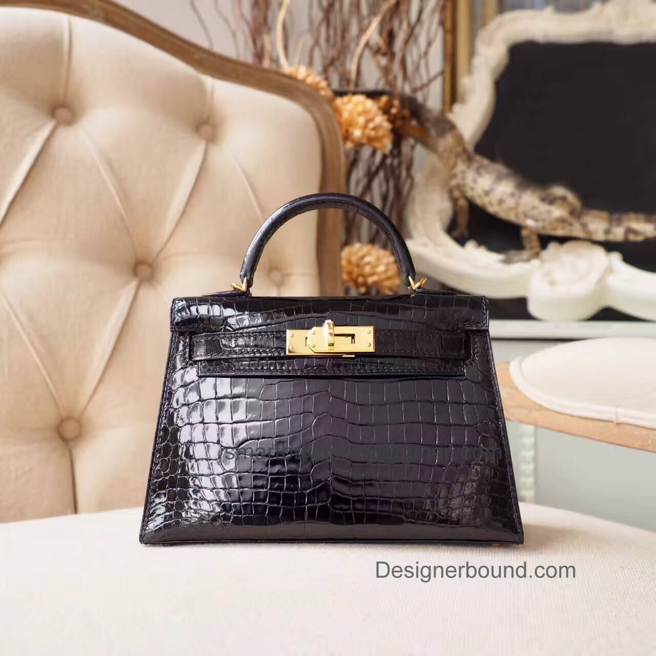 Hermes Mini Kelly II Bag in Black Shiny Alligator GHW